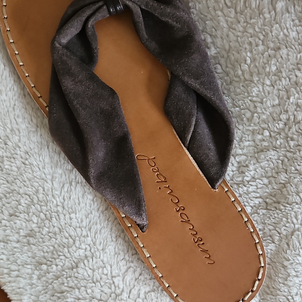 UNSUBSCRIBED Luxury Italian Suede Thong Sandals Stacked Leather Sole Brown Sz 11 - Picture 5 of 9